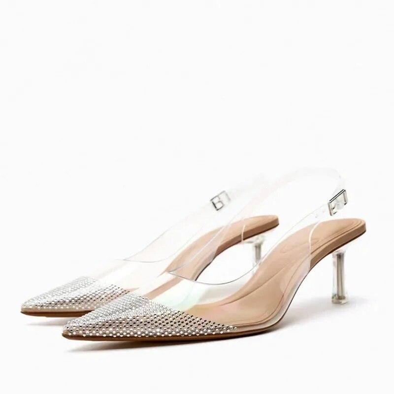 Women's Pointed Head High Heeled Sandals Summer 2024 Sexy Woman Shoes Fashion Pearl Decoration Slingback Woman Pumps