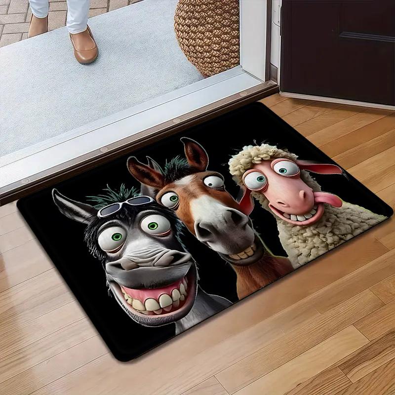 2D Flat Funny Farm Animals Donkey Horse Sheep Selfie Flannel Door Mat Non Slip Cartoon Rug For Kids Room Entryway Floor