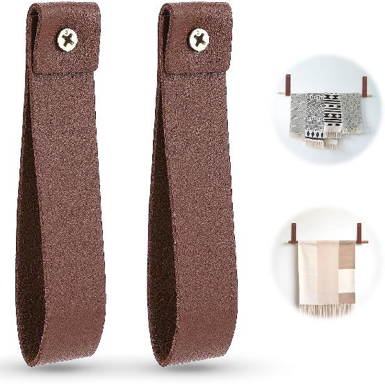 2 Pcs PU Leather Wall Hooks, 1 x 4.7 Inches Leather Wall Hanging Strap Leather Hook Lanyard Wall Mounted Loop for Hanging Curtain Rod Holders Towel
