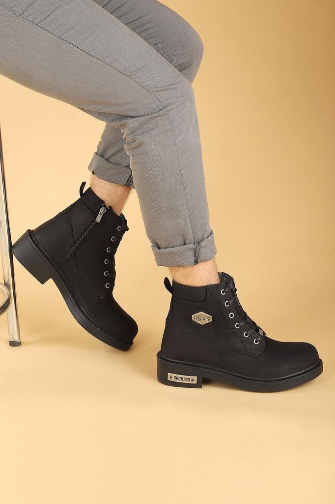 Men's Fashion Genuine Leather Thick Heeled Booties Bootie Black Astana Boots M Shoes