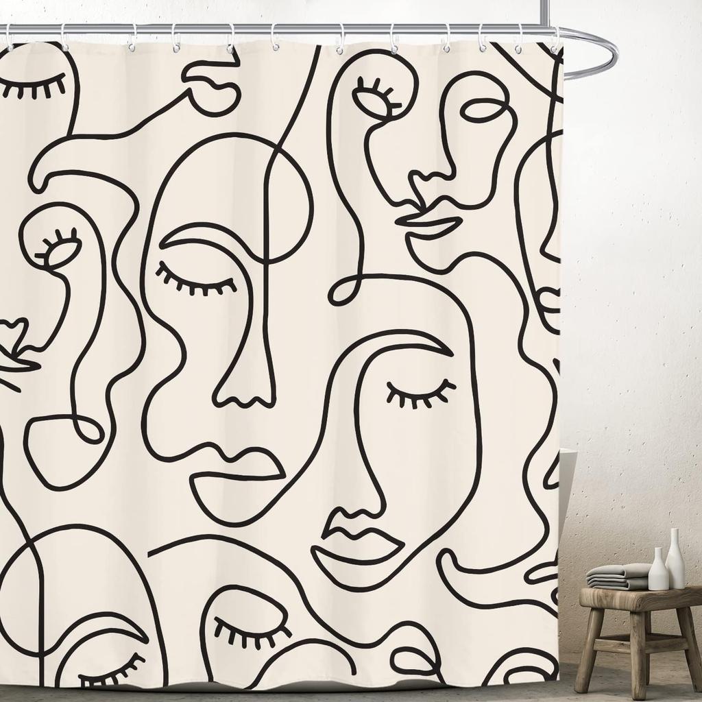 Abstract Face Minimalist Modern Bathroom Shower Curtain Line Art Modern Funny Aesthetic Cute Artsy Polyester Fabric Waterproof