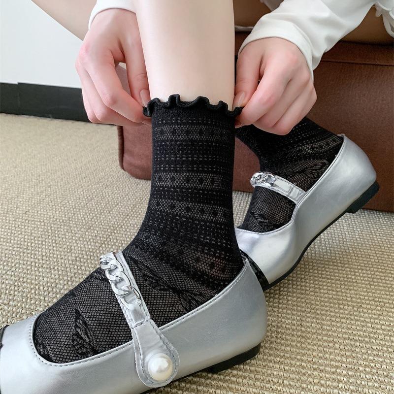 Women Spring and Summer Thin Dark Bow Ballet Style Hollow Breathable Mesh Tube Stack Socks