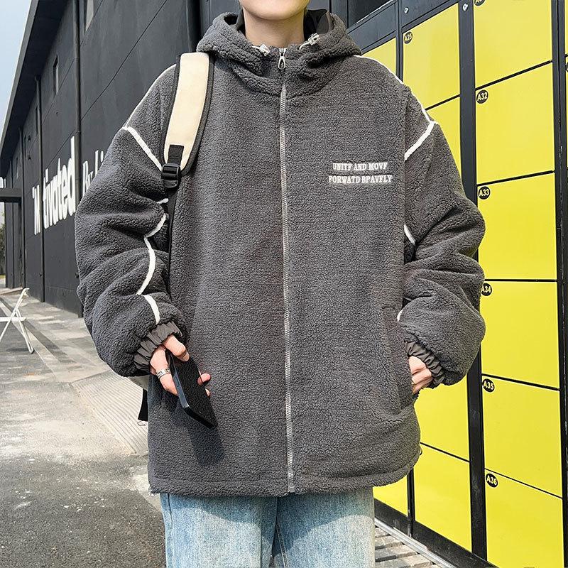 Men's Lambswool Hooded Coat, Autumn/Winter Embroidered Thick Cotton Jacket, Trendy Couple Style.