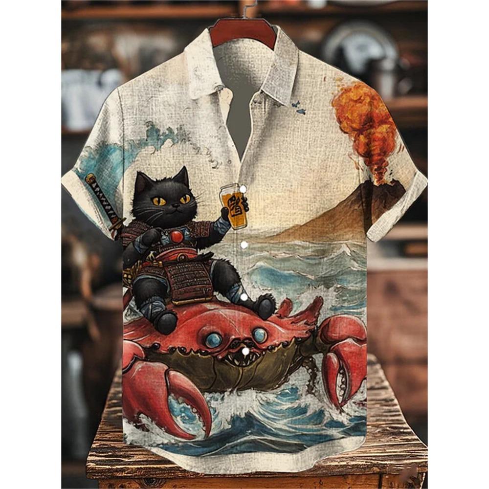 Herren Kurzarmhemd mit Samurai-Katzen-Showdown-Print, Lässiges Hemd mit Kragen, Trendiges Design, Lockerer Schnitt, Einzigartiger Stil, Schnelle Lieferung