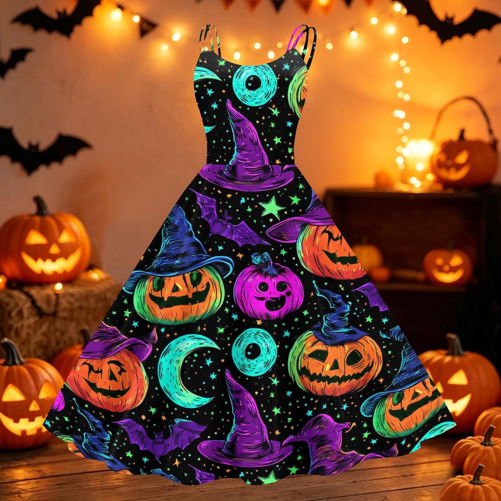 Womens Halloween Print Off Shoulder Dress Vintage Punk Style Flared Skirt Sleeveless Casual Party Dress L