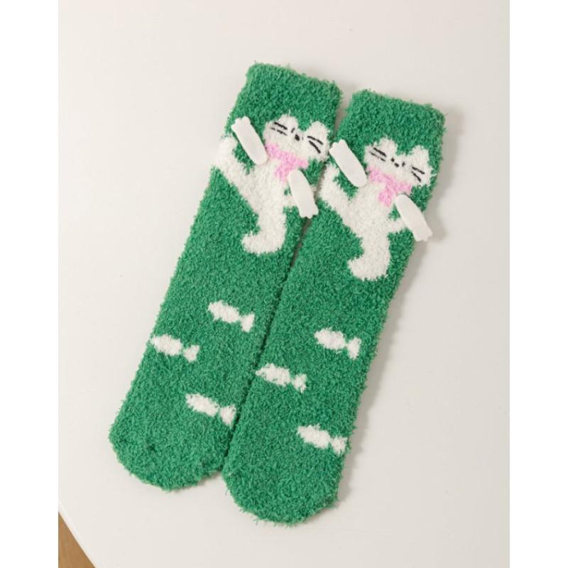 Autumn and Winter Coral Fleece Socks, Women's Cartoon Socks, Half-fleece Thickened Home Floor Socks, Sleeping Socks, Mid-calf Women's Socks