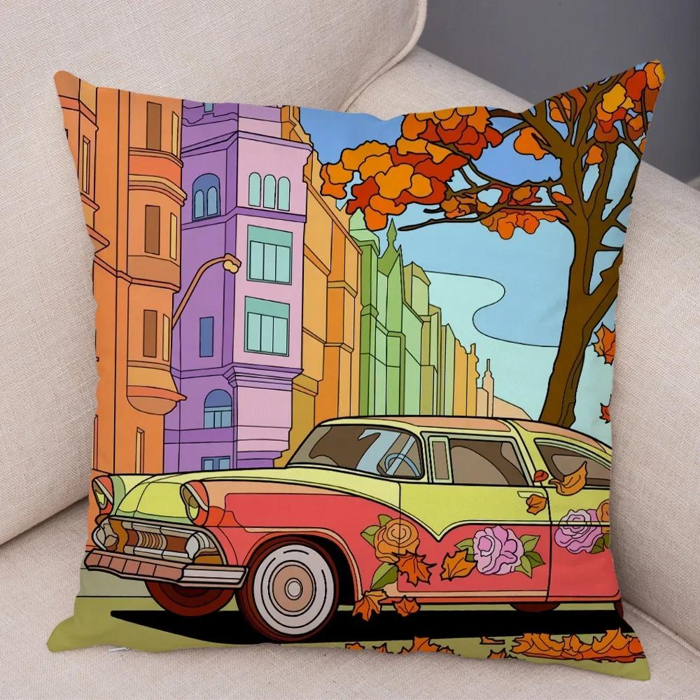 Pillowcase Happy Camper Cartoon House Travel Car Cushion Cover Sofa Home Super Soft