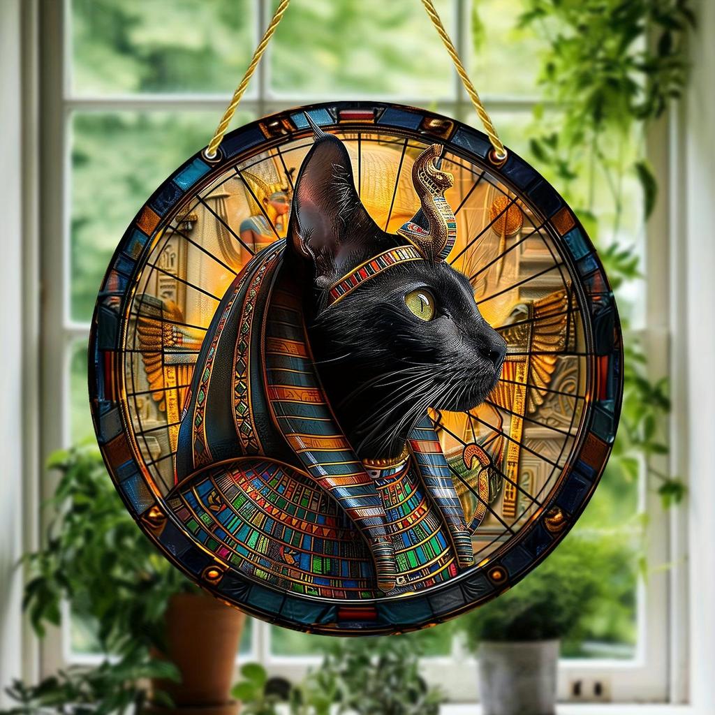 Cattura Sole Gatto Nero Egiziano in Legno, Segno Decorativo Rotondo in Legno, Stanza, Decorazione Casa, Targhetta Multiuso a Tema Animale per Porta, Parete, Casa, Stanza