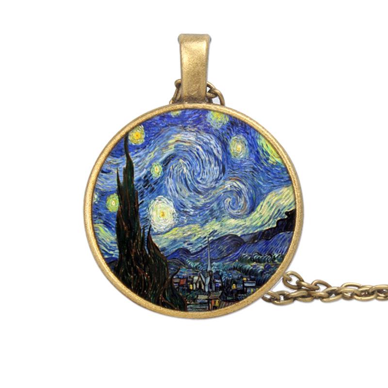 Hi New Classic Starry Night Pendant Van Gogh Necklace Glass Art Painting Pendants Vintage Jewelry Moon Stars Necklaces