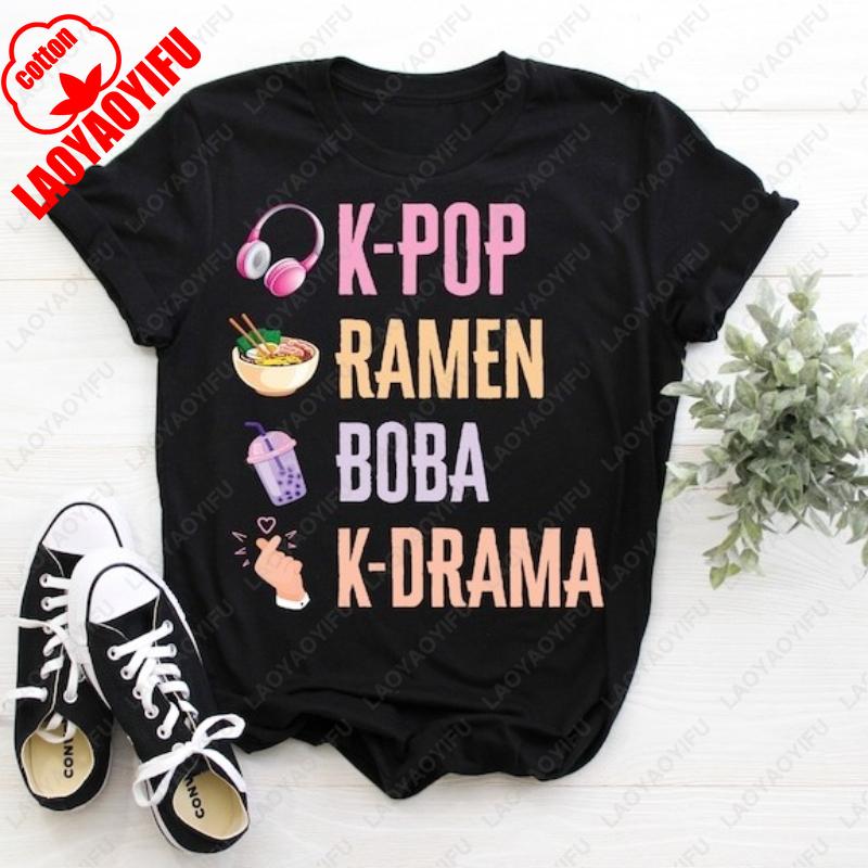 

KPop Hand Symbol men women tops Ramen Bubble Tea Boba South Korea Music Lover cotton TShirt Gifts K drama Girl Boy Daughter tees 4XL