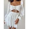 Stylish New Arrival 2024 European and American Women's Clothing Temperament Square Collar Long Sleeves Lace-up Cutout Short Model In White Color Dress