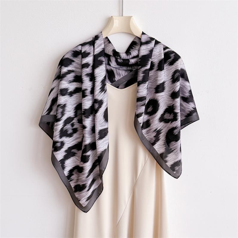 Versatile leopard print imitation silk high-end large square scarf silk scarf printed shawl decorative scarf sunscreen headscarf scarf female