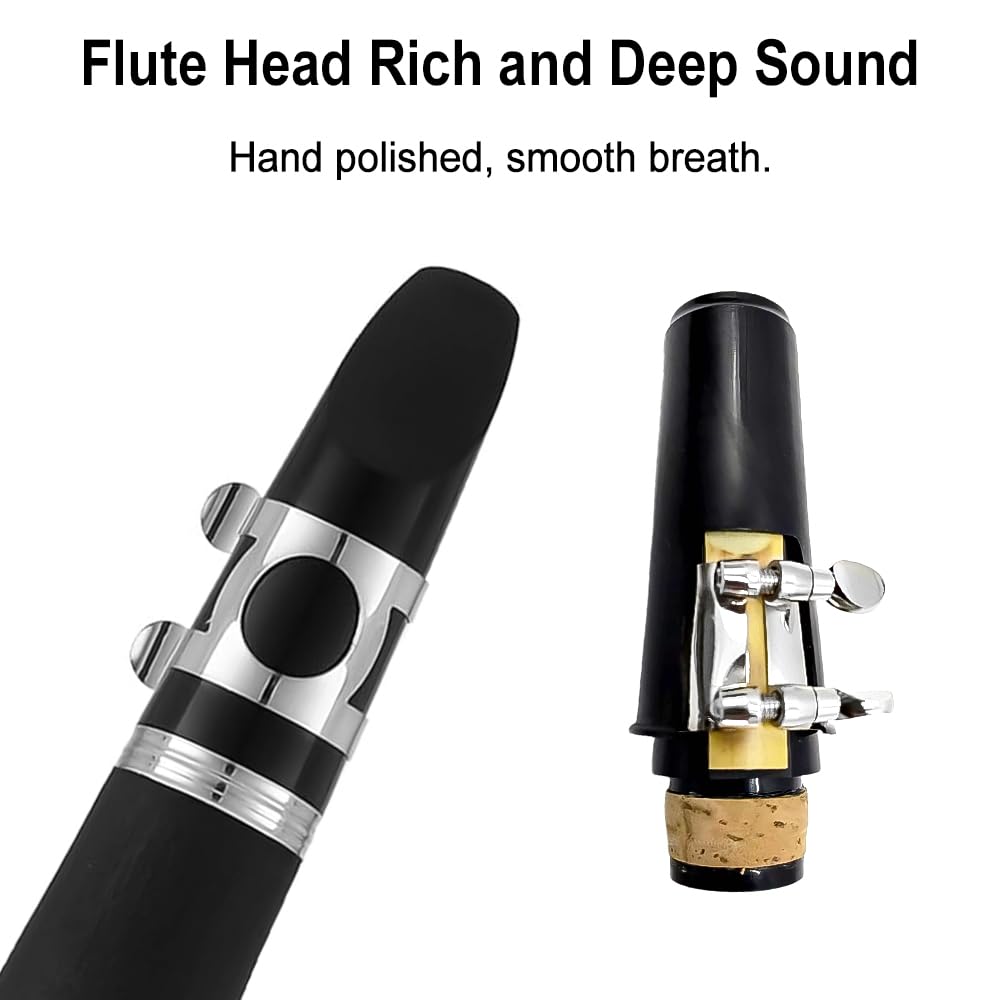 WUQIMUSC Beginner Clarinet, Bb Key, for Students and Adults, Ebonite Wood, Nickel Plated Keys, 2 Barrels, Reed, Accessories (Bb Key Clarinet)
