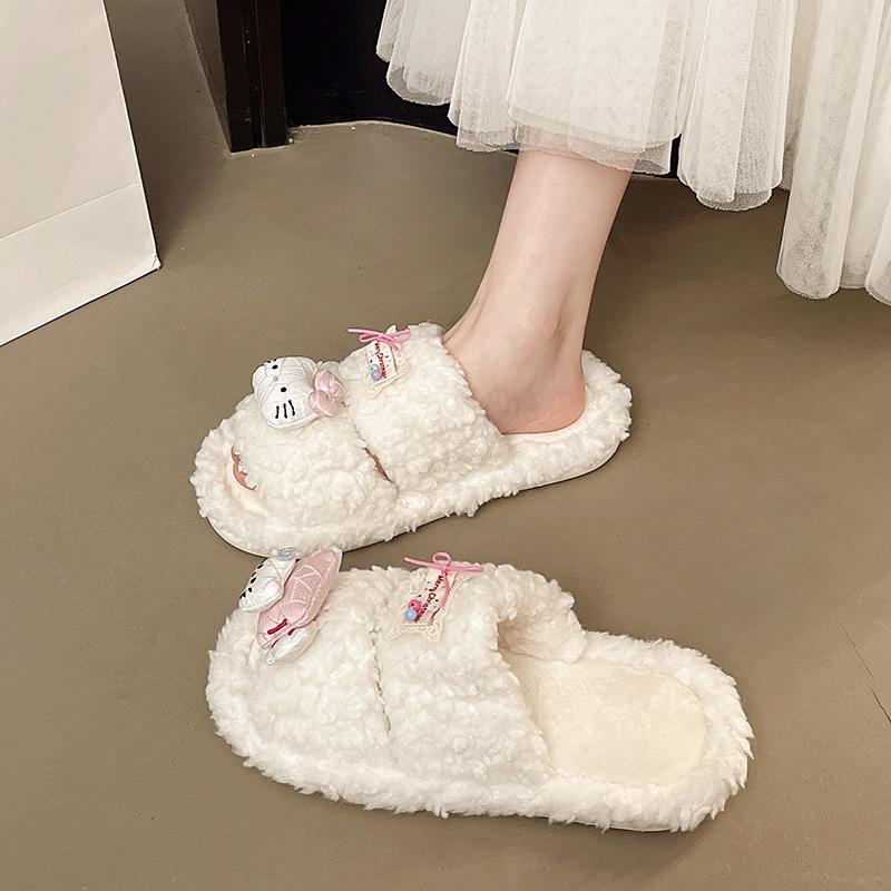 Cute Hello Kitty Thick-bottomed Fluffy Slippers for Women's Outerwear 2025 Autumn and Winter New Home Indoor Non-slip Velvet Cotton Mop