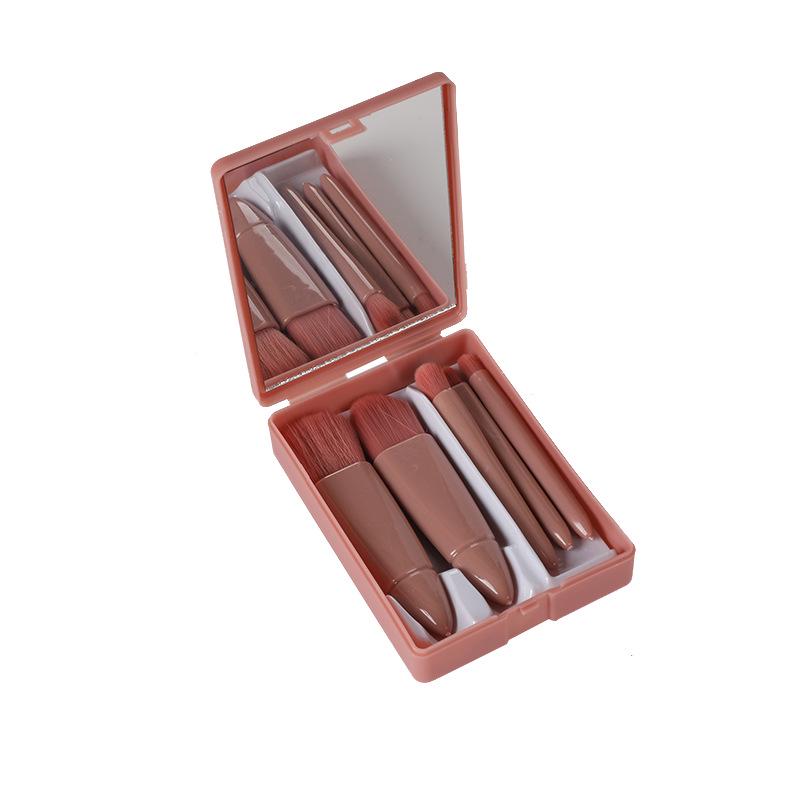 Compact 5-Piece Travel Brush Set with Mirror: Powder, Foundation, Eyeshadow Brushes & Makeup Tools
