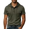 Mens Casual Short Sleeve Hooded Henley T Shirt Dual Pockets Outdoor Loose Top