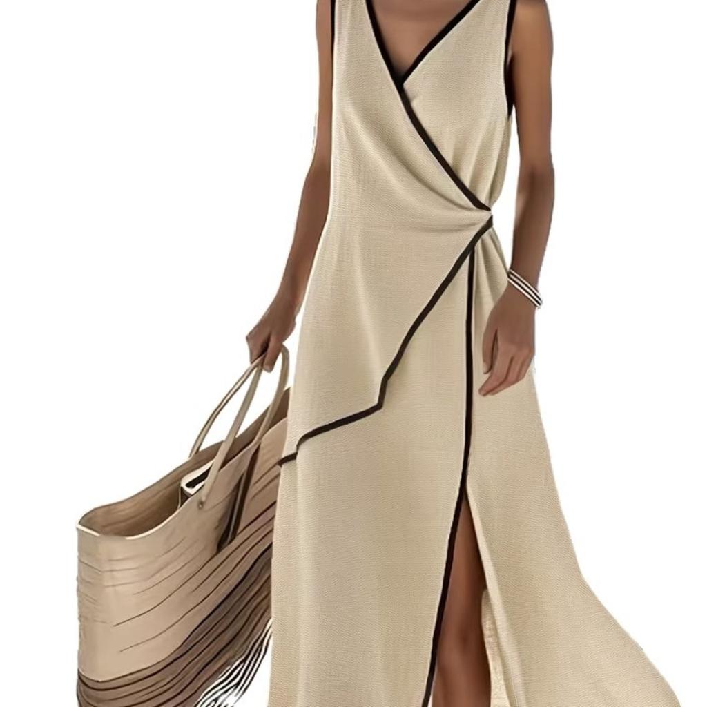 New Summer Women's Solid Asymmetrical V-neck Sleeveless Elegant Fashion Dress for European American Crossbody