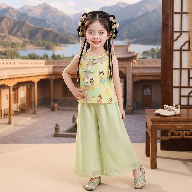 2026 New Girls Summer Sleeveless Qipao Hanfu Set 110 cm