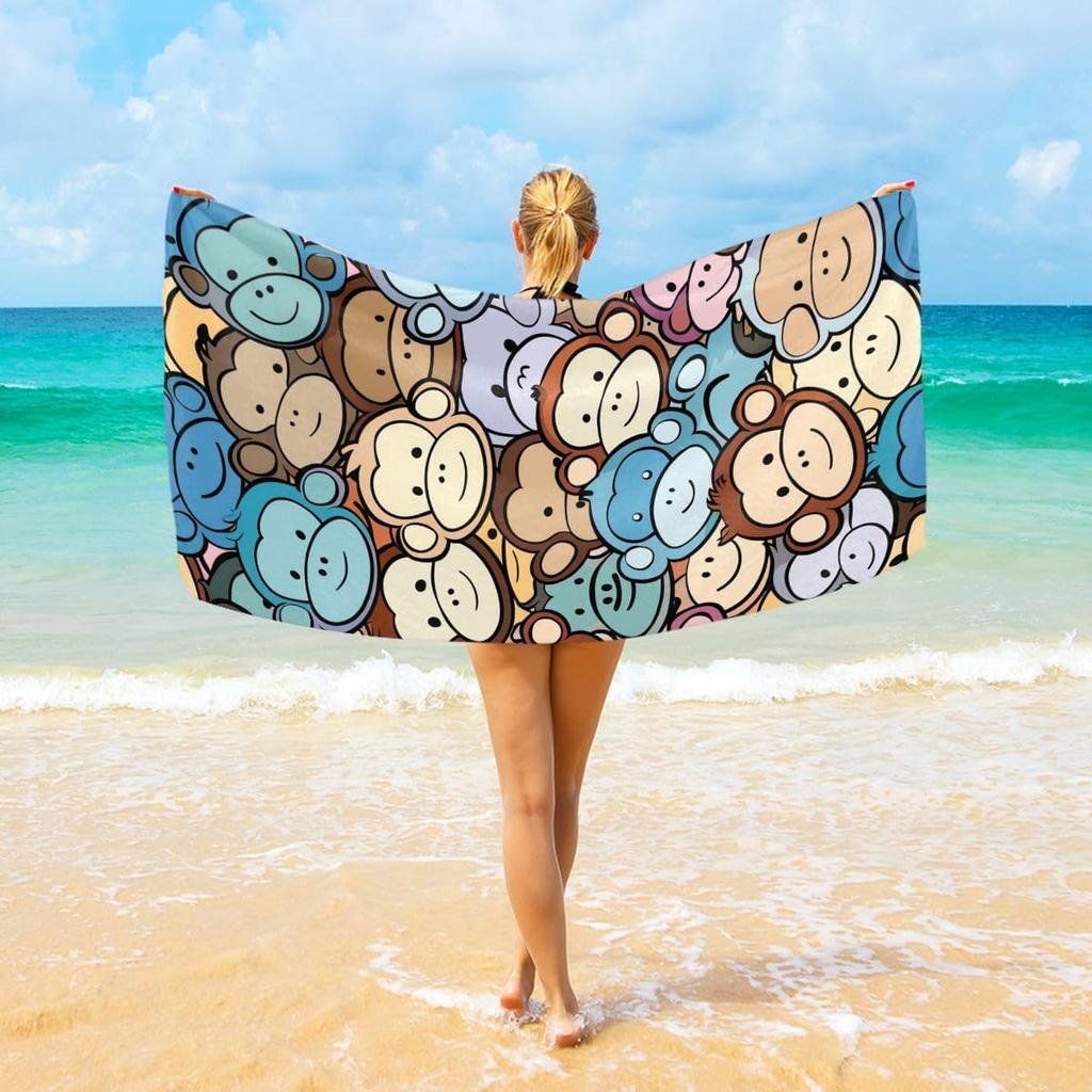 Artistic Green Palm Leaves Beach Towel, Black Tropical Pattern Quick Dry Absorbent, Lightweight Sand Free Travel Pool Essentials