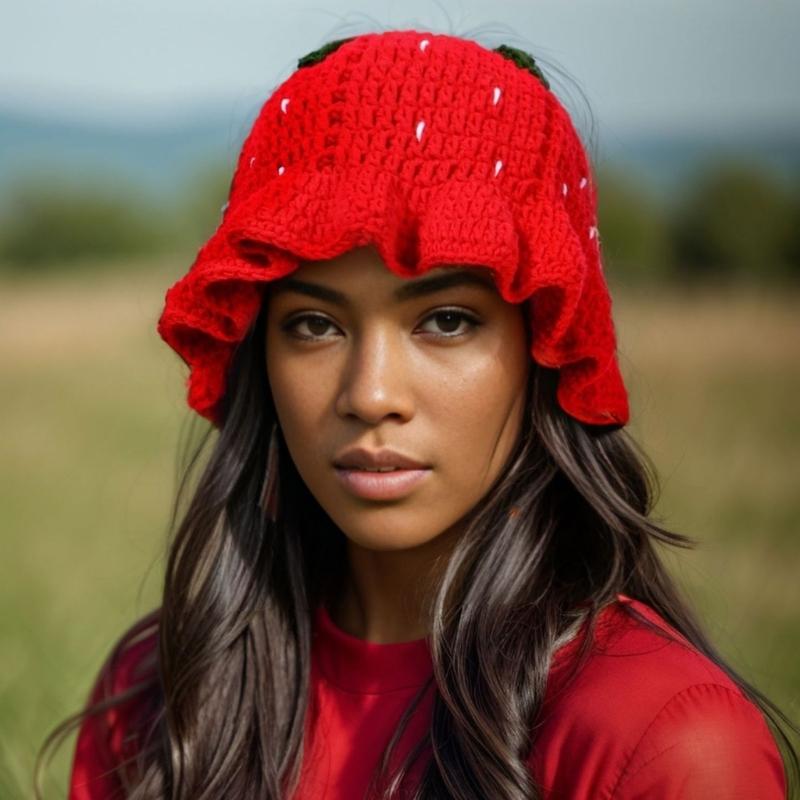 Handmade Strawberry Hat Handwoven Strawberry Openwork Crocheted Hat for Music Festival Stylish Strawberry Fisherman Hat