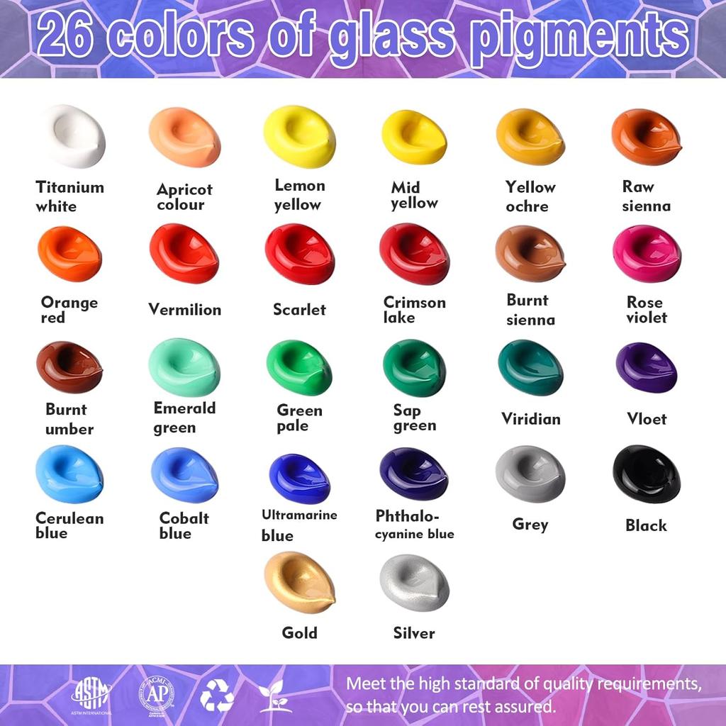 Colorful 14/26 Colors Stain Glass Paint Set with 6 Brushes, 1 Palette & 1 Sponge, Waterproof Permanent Glass Painting Kit