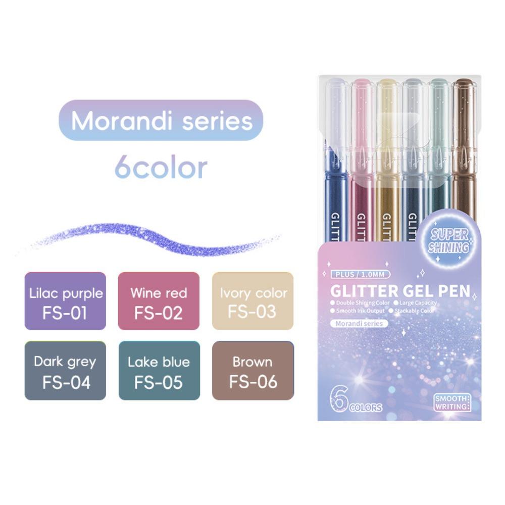 6Color Glitter Effects Gel Pens 1.0mm Writing Pens Set Colorful Art Markers DIY Journaling Pen Painting Graffiti Highlighter Pen