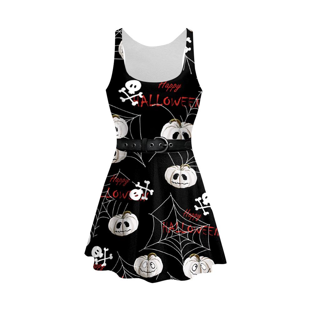 Halloween Funny Cartoon Skull Pumpkin Digital Printing Women's Clothing Slim Skinny Vest Dress 3