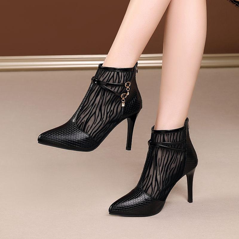 Fashion FHC 2024 New Mesh Sandals Boots,Women High Heels Botas,Fashion Summer Shoes Booties,Pointed Toe,Howllow Out,35-42,Black,Dropship