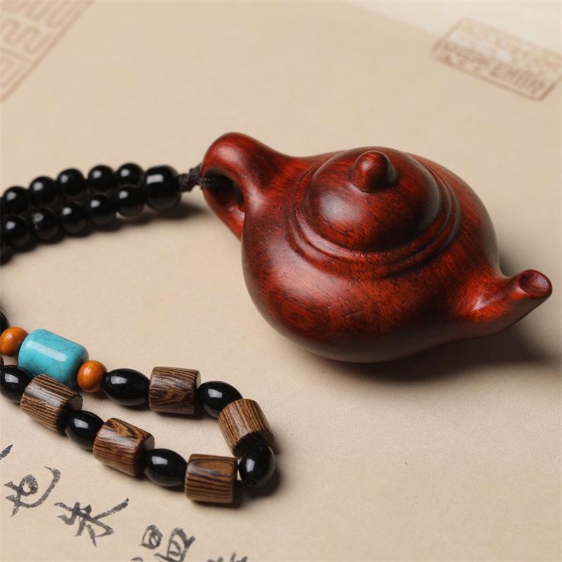 Sandalwood Small Teapot Ornament: Portable Wooden Handicraft Pendant