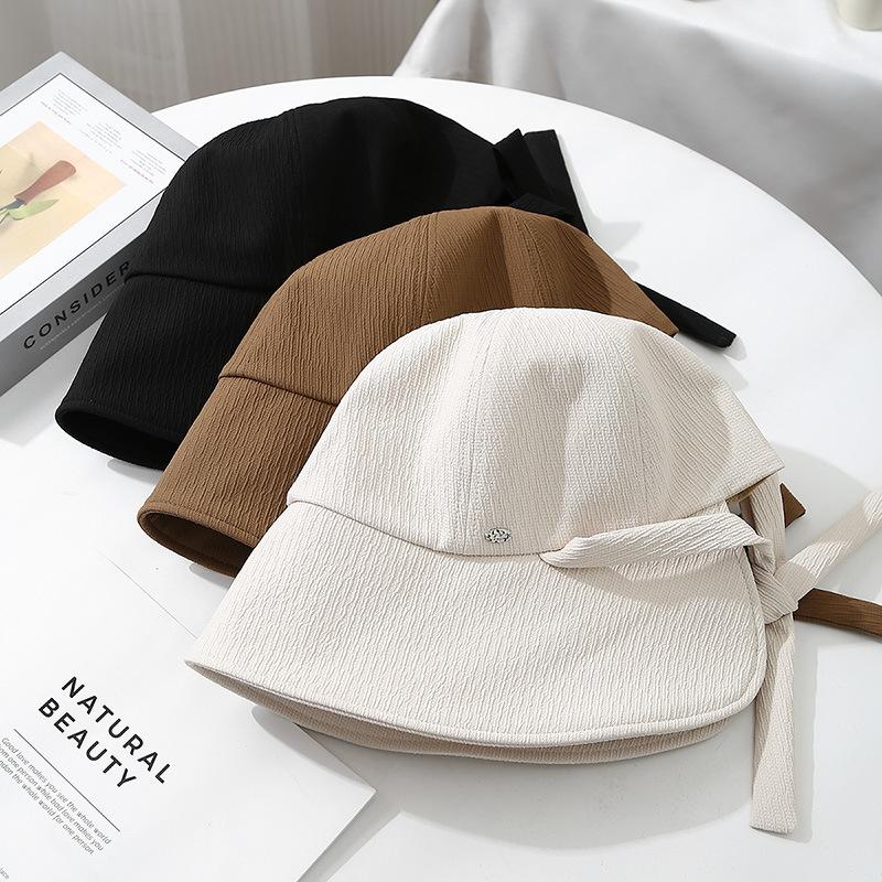Women'S Bucket Hat Korean Style Solid Color With Bow Fisherman Cap Foldable Sunscreen Trendy Casual Simple Wide Brimmed