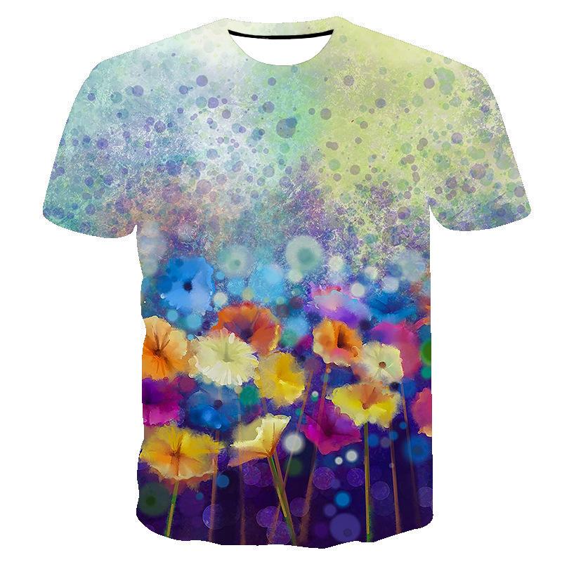 Oil Painting Series Digital 3D Printed Women's Short Sleeve T-shirt Flower Abstract Round Neck T-shirt