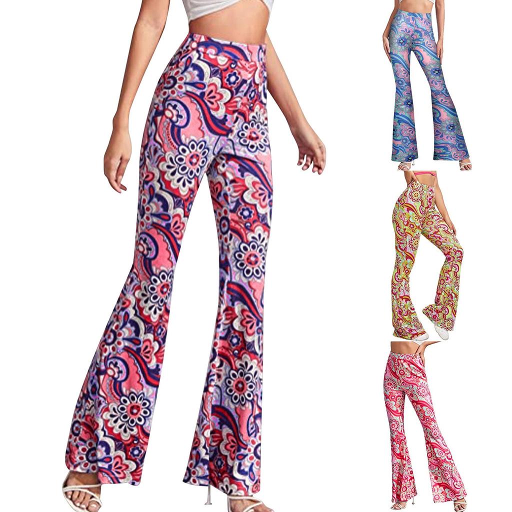 Women's Spring And Autumn Floral Print Yoga Leisure Elastic Waist Flared Pants