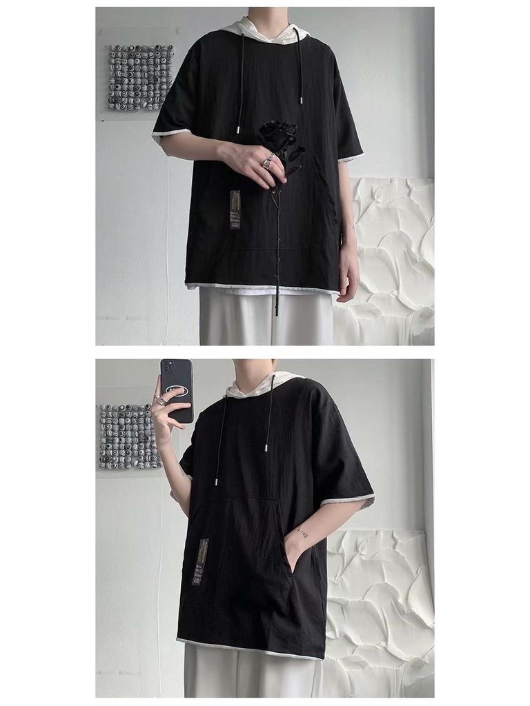 Men's Hooded Ice Silk Contrast Color Two-Piece Short Sleeve T-Shirt, Hong Kong Style, Loose Summer Trend.