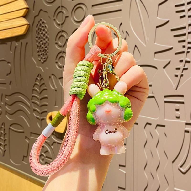 Adorable Cartoon Bunny Keychain With Bobble Head Resin Material Cute Key Accessory