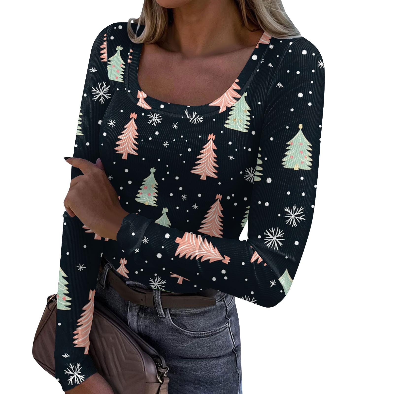 

Женская модная футболка с тонким низом, рождественский принт, пуловер с U-образным вырезом и длинными рукавами XXXL тёмно-синий