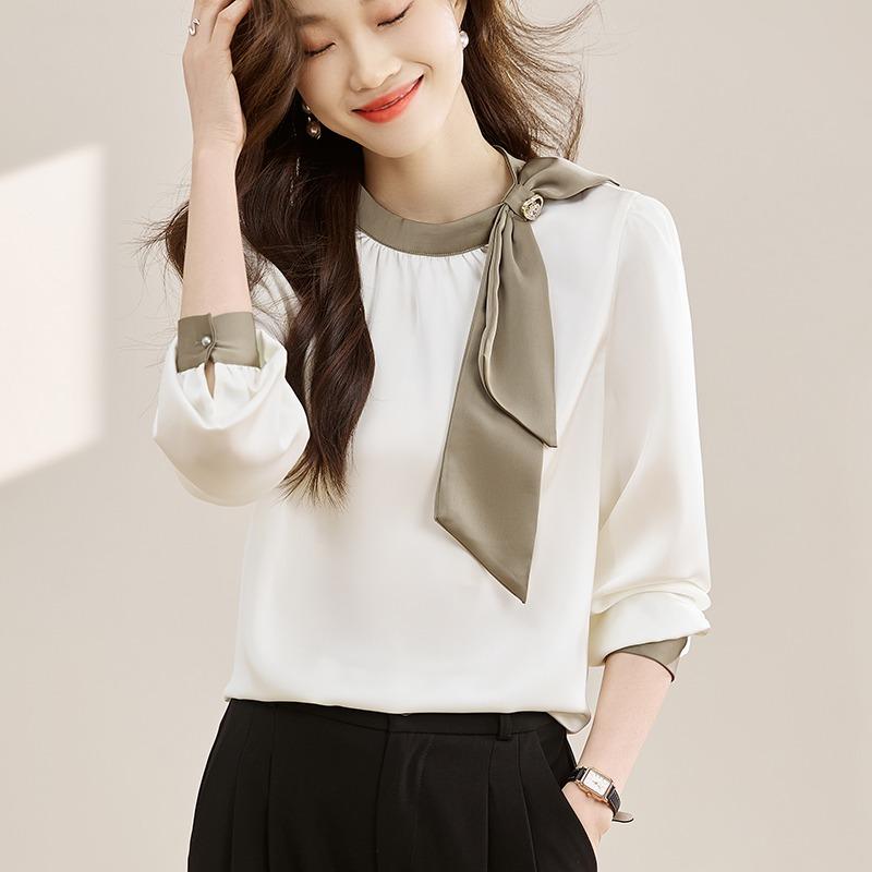 Spring and Autumn Bow Tie Round Neck Shirt Women Fashion New Long Sleeve Casual White Blouses Women Tops Elegant Solid Simple Office Lady Shirts 25855