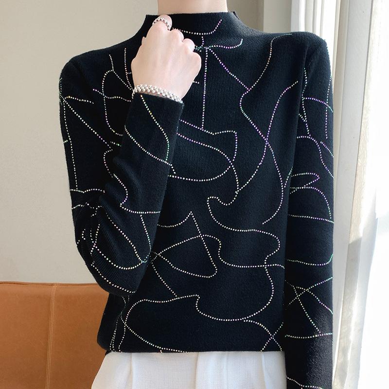 GMXIA Long Sleeve Knitted Bottom Shirt Women Semi-High Neck Sweater Slim Warm Inner Sweater Pretty Top