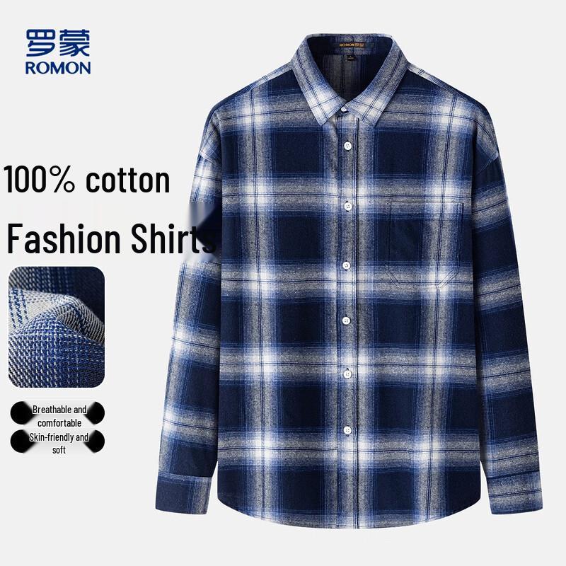 ROMON Men's 100% Cotton Classic Plaid Shirt