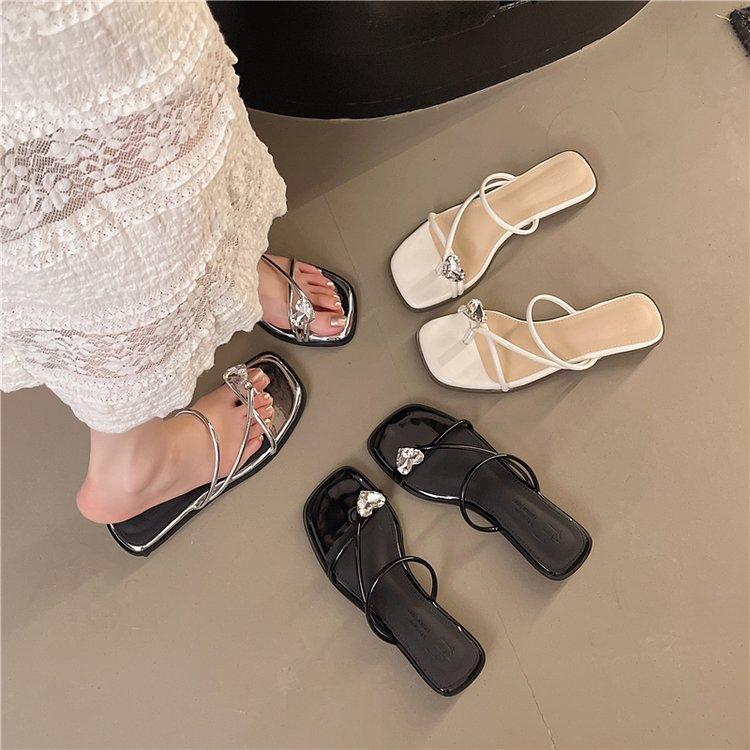 French Evening Breeze Cool Slippers Summer Outer Wear Women's Shoes New Year Silver Square Head with Skirt Thick Heel Sandals