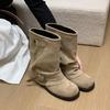 Autumn Vintage Pleated Women Western Ankle Boots Fashion Belt Buckle Thick Heel Shoes Ladies Elegant Party Dress Short Booties