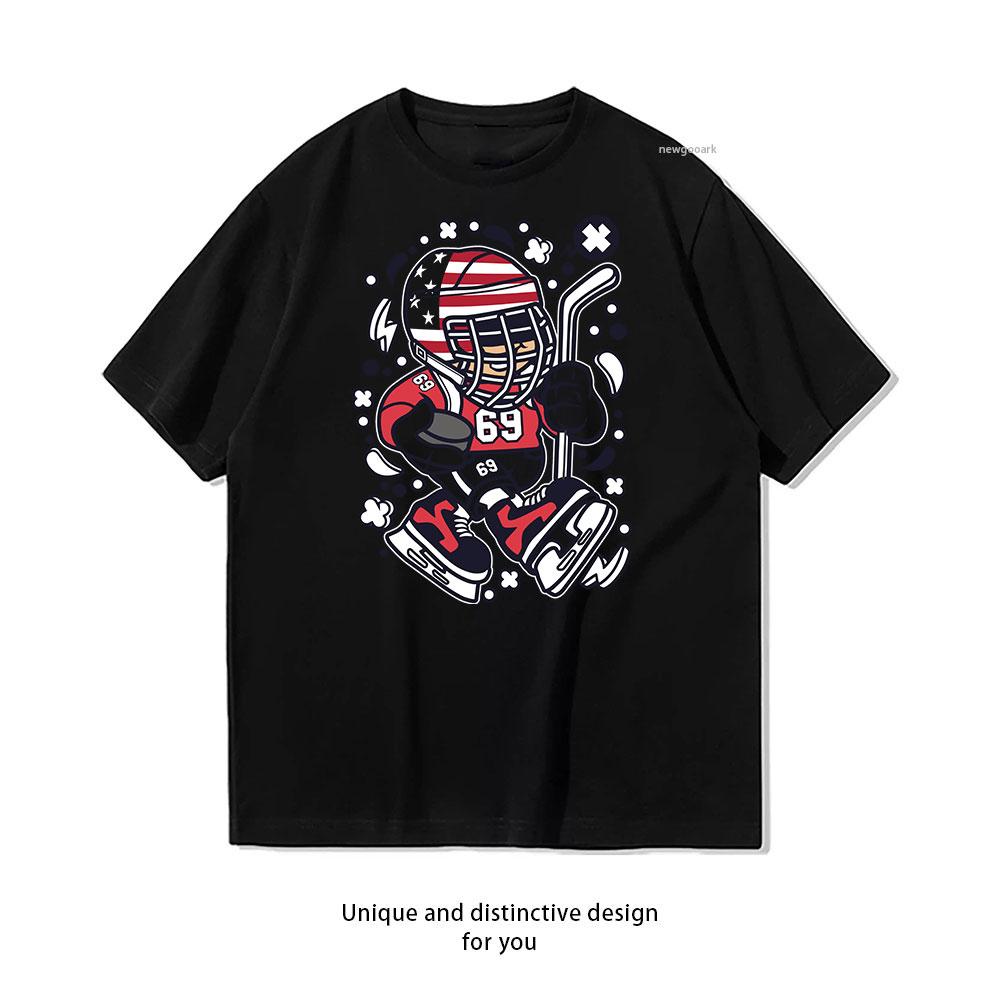 Retro Ice Hockey Illustration cotton T shirt Unisex Adult couple streetwealtops tee Short sleev Casual S
