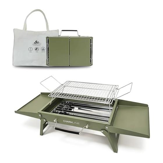 Charmline 35 x 22 cm Portable Charcoal BBQ Stove, Foldable Compact Camping Equipment for 1-3 People, Ideal for Garden, Beach, Picnic and Table Use,