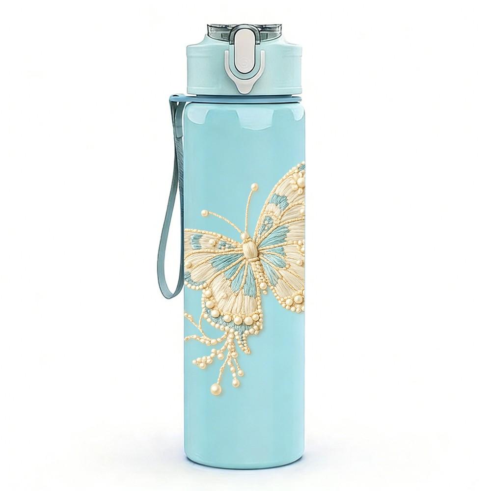 1PC Soft Pastel Butterfly Line Art Print 750ml Color Plastic Sports Water Bottle Leakproof Flip Straw Lid Suitable for Sports Office Home Use