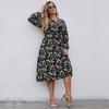 Women Chic A Line Dress High Waist Slim Fit V Neck Long Sleeve Printed Lace Up New Autumn Winter XL 5XL