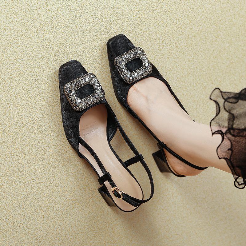 French bag head sandals women's 2025 new medium thick heel single shoes with empty square head high heels women's summer