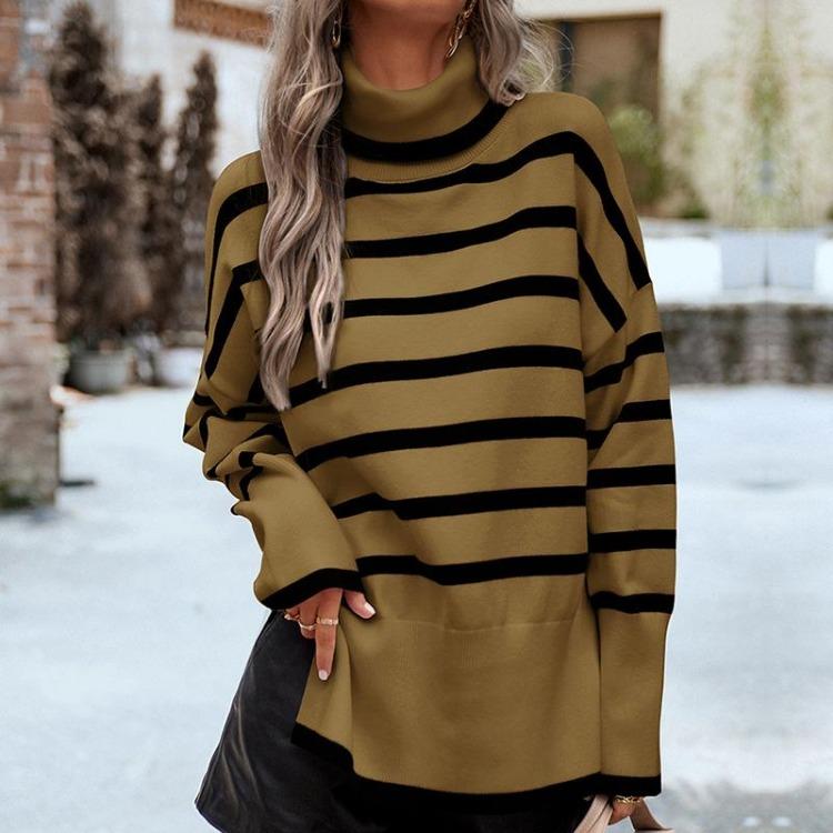 Fashion Women Casual Loose High Neck Striped Knitted Sweater Top Autumn Winter New