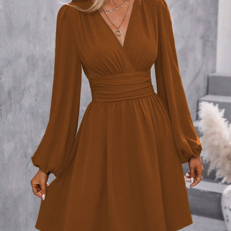 Polyester Vneck Lantern Sleeve Dress With Pleats For Casual And Party Wear