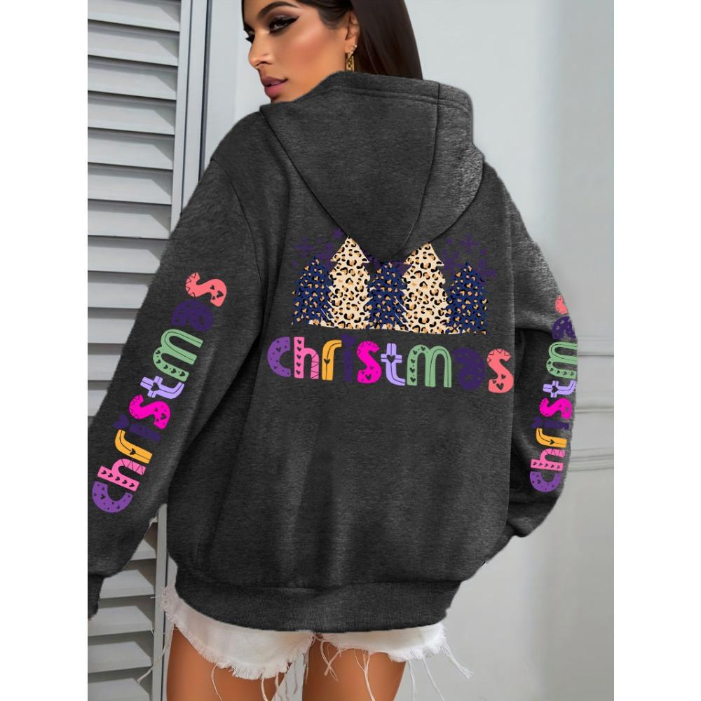 Merry Christmas Leopard Trees Printing Hoodie Women Hip Hop All-Match Streetwear Casual Loose Hoodies Autumn Woman Hoody