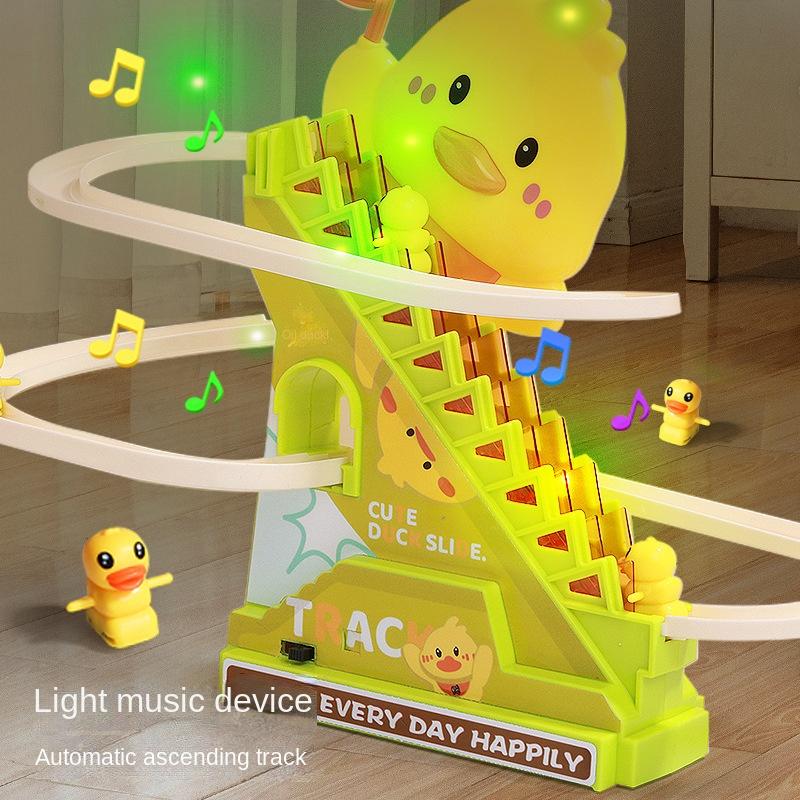 Electric Duck Climbing Stairs Toy with LED Lights Music Roller Coaster Track Slide Interactive Educational Toy for Kids Gift