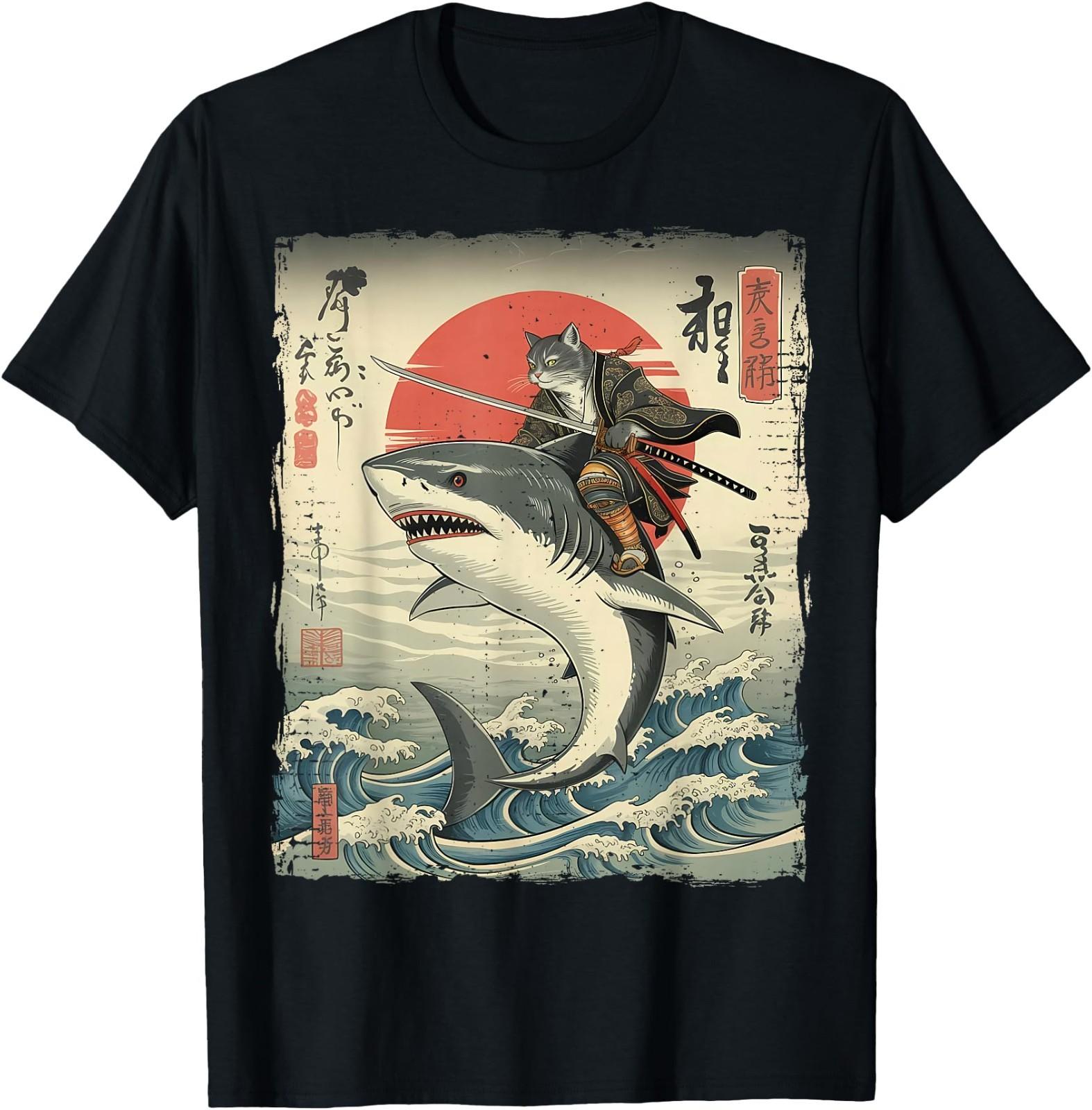 Funny Cat Riding Shark Japanese Ukiyo-e Art Samurai Cat T-Shirt M